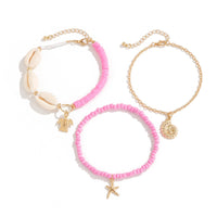 Thumbnail for Boho Pink 3Pcs Conch Starfish Turtle Charm Seed Bead Anklet Set