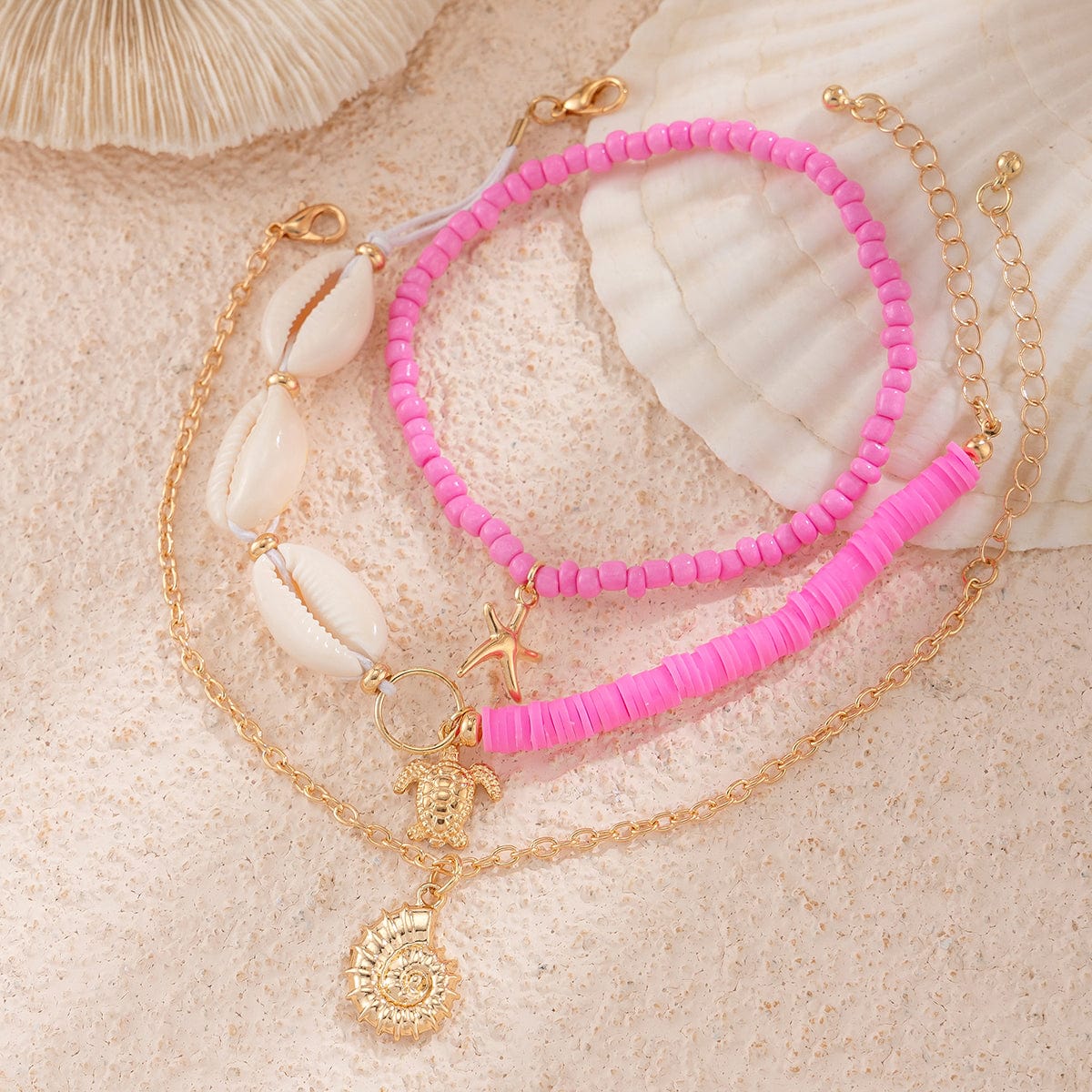 Boho Pink 3Pcs Conch Starfish Turtle Charm Seed Bead Anklet Set