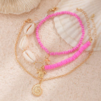 Thumbnail for Boho Pink 3Pcs Conch Starfish Turtle Charm Seed Bead Anklet Set