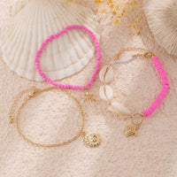 Thumbnail for Boho Pink 3Pcs Conch Starfish Turtle Charm Seed Bead Anklet Set