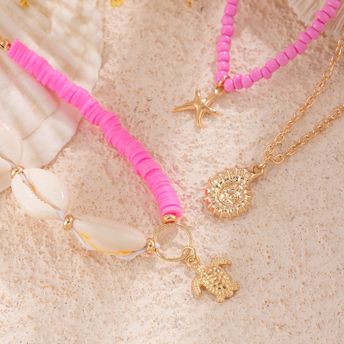 Boho Pink 3Pcs Conch Starfish Turtle Charm Seed Bead Anklet Set