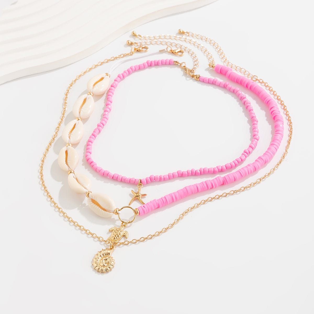 Boho Pink Conch Starfish Turtle Pendant Seed Bead Necklace Set - ArtGalleryZen