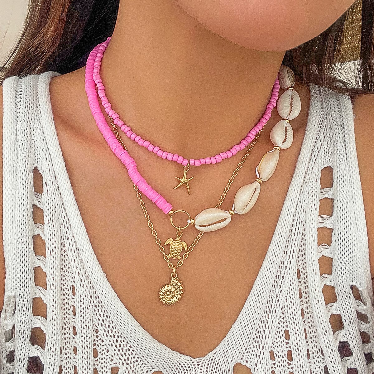 Boho Pink Conch Starfish Turtle Pendant Seed Bead Necklace Set - ArtGalleryZen