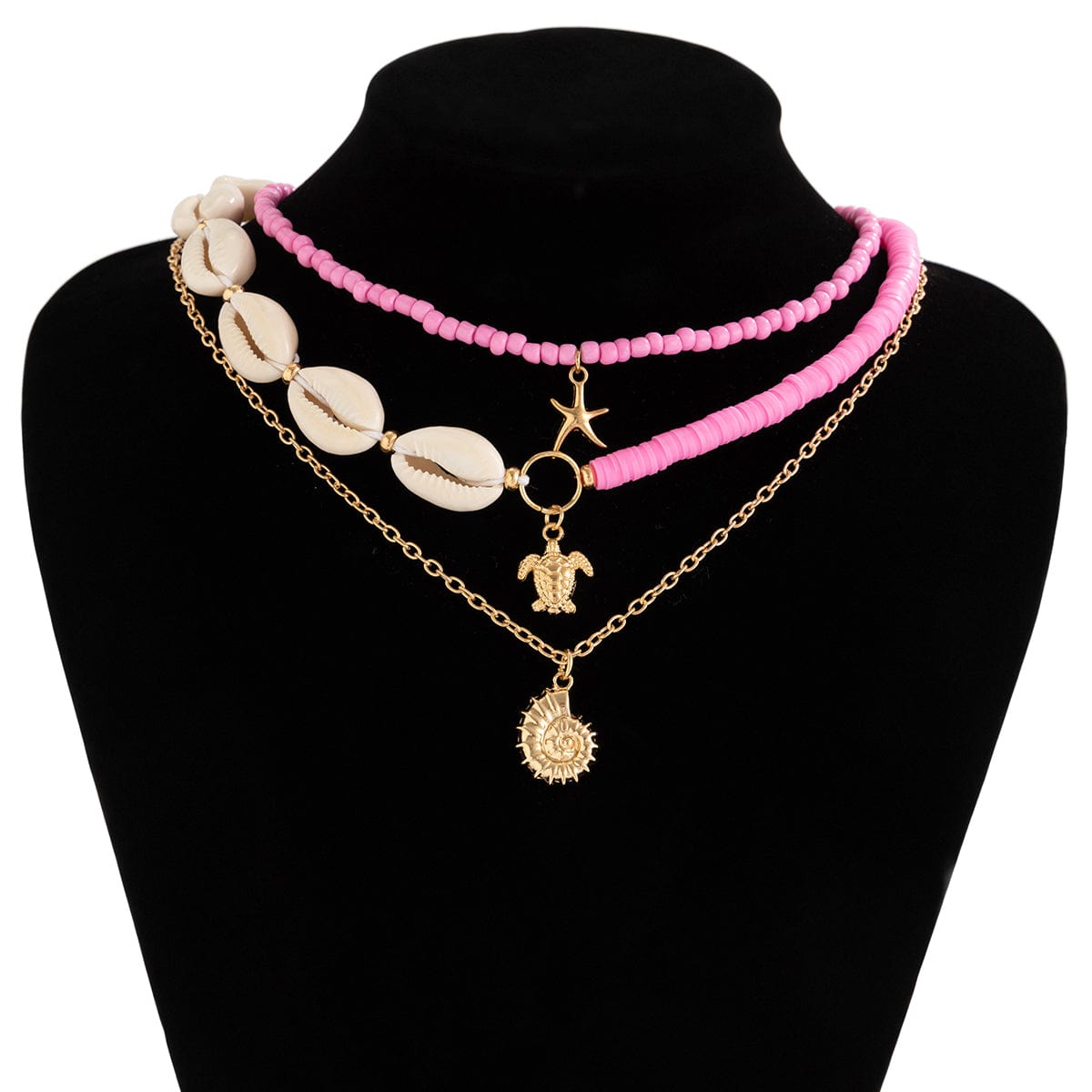 Boho Pink Conch Starfish Turtle Pendant Seed Bead Necklace Set - ArtGalleryZen