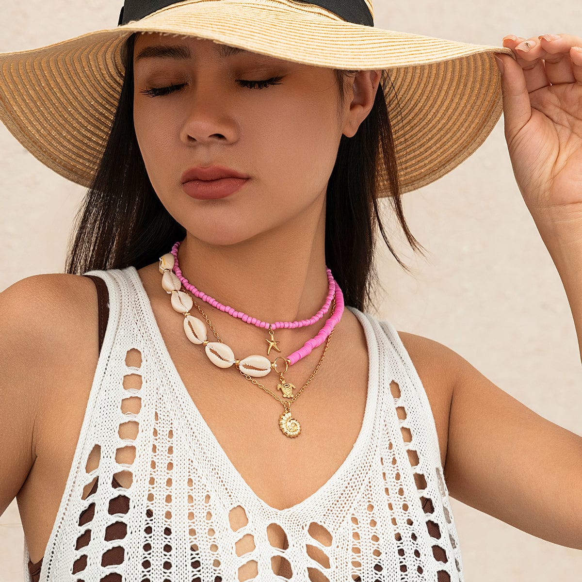 Boho Pink Conch Starfish Turtle Pendant Seed Bead Necklace Set - ArtGalleryZen