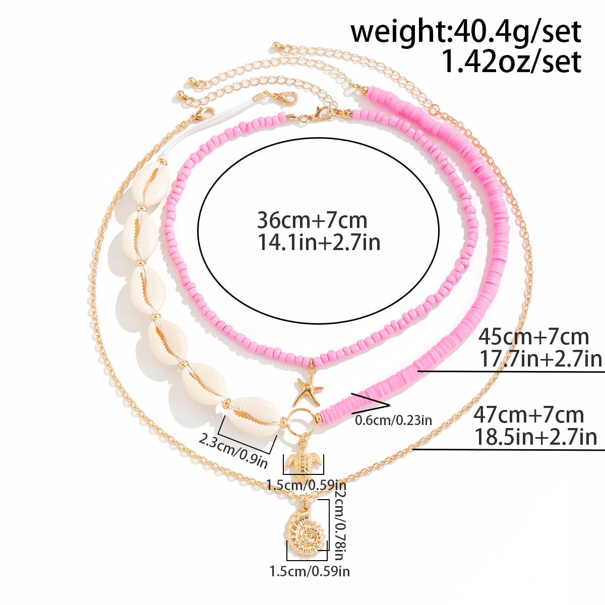 Boho Pink Conch Starfish Turtle Pendant Seed Bead Necklace Set - ArtGalleryZen