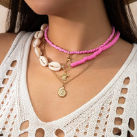 Thumbnail for Boho Pink Conch Starfish Turtle Pendant Seed Bead Necklace Set