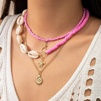 Thumbnail for Boho Pink Conch Starfish Turtle Pendant Seed Bead Necklace Set