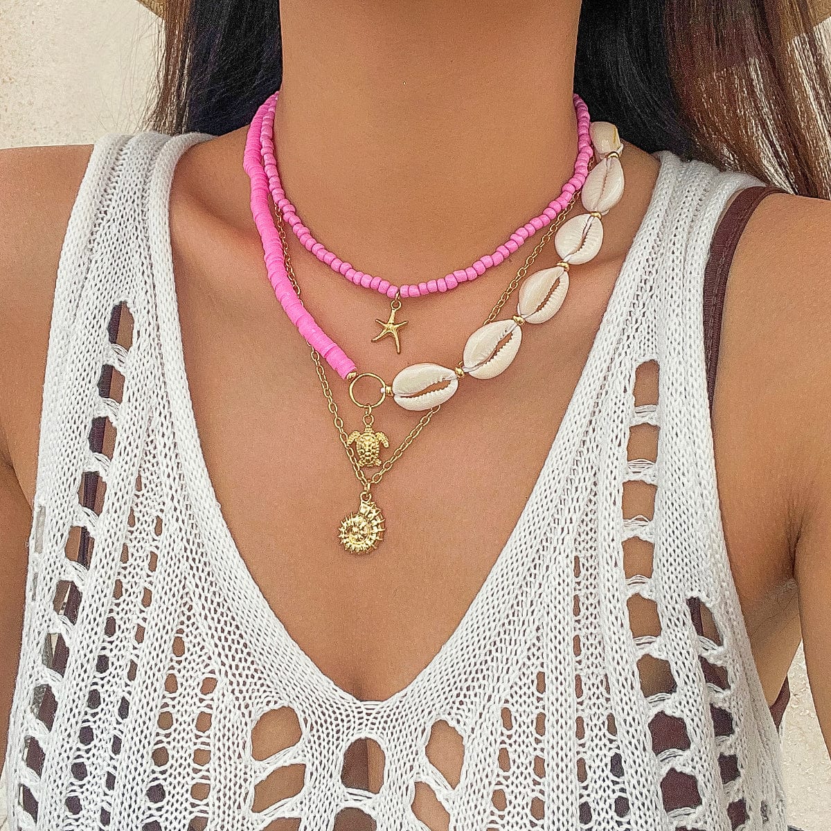 Boho Pink Conch Starfish Turtle Pendant Seed Bead Necklace Set