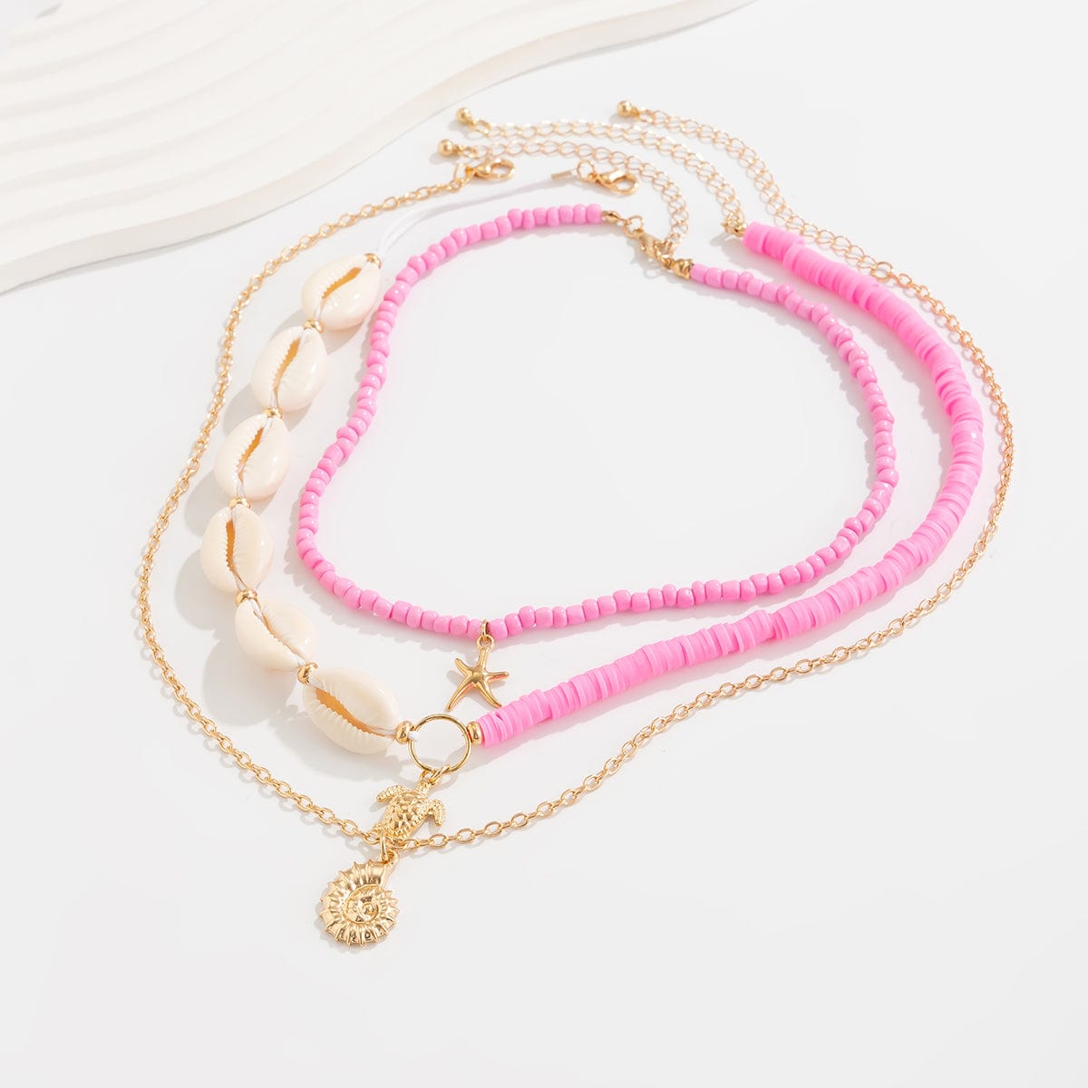 Boho Pink Conch Starfish Turtle Pendant Seed Bead Necklace Set