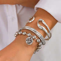 Thumbnail for Boho Relief Round Disk Charm Ball Chain Hollow Bangle Bracelet Set