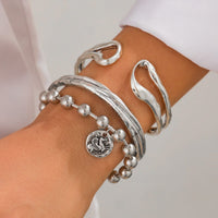 Thumbnail for Boho Relief Round Disk Charm Ball Chain Hollow Bangle Bracelet Set