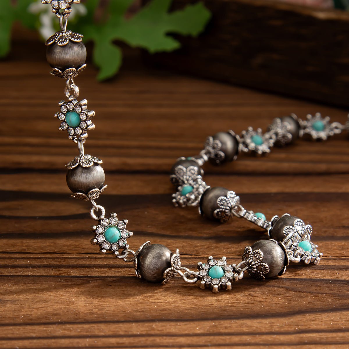 Boho Rhinestone Turquoise Flower Antique Silver Beaded Chain Necklace - ArtGalleryZen