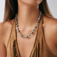 Thumbnail for Boho Rhinestone Turquoise Flower Antique Silver Beaded Chain Necklace - ArtGalleryZen