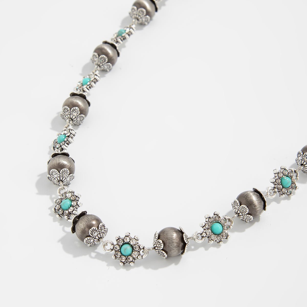 Boho Rhinestone Turquoise Flower Antique Silver Beaded Chain Necklace - ArtGalleryZen