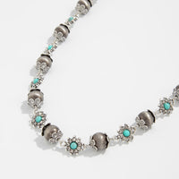 Thumbnail for Boho Rhinestone Turquoise Flower Antique Silver Beaded Chain Necklace - ArtGalleryZen