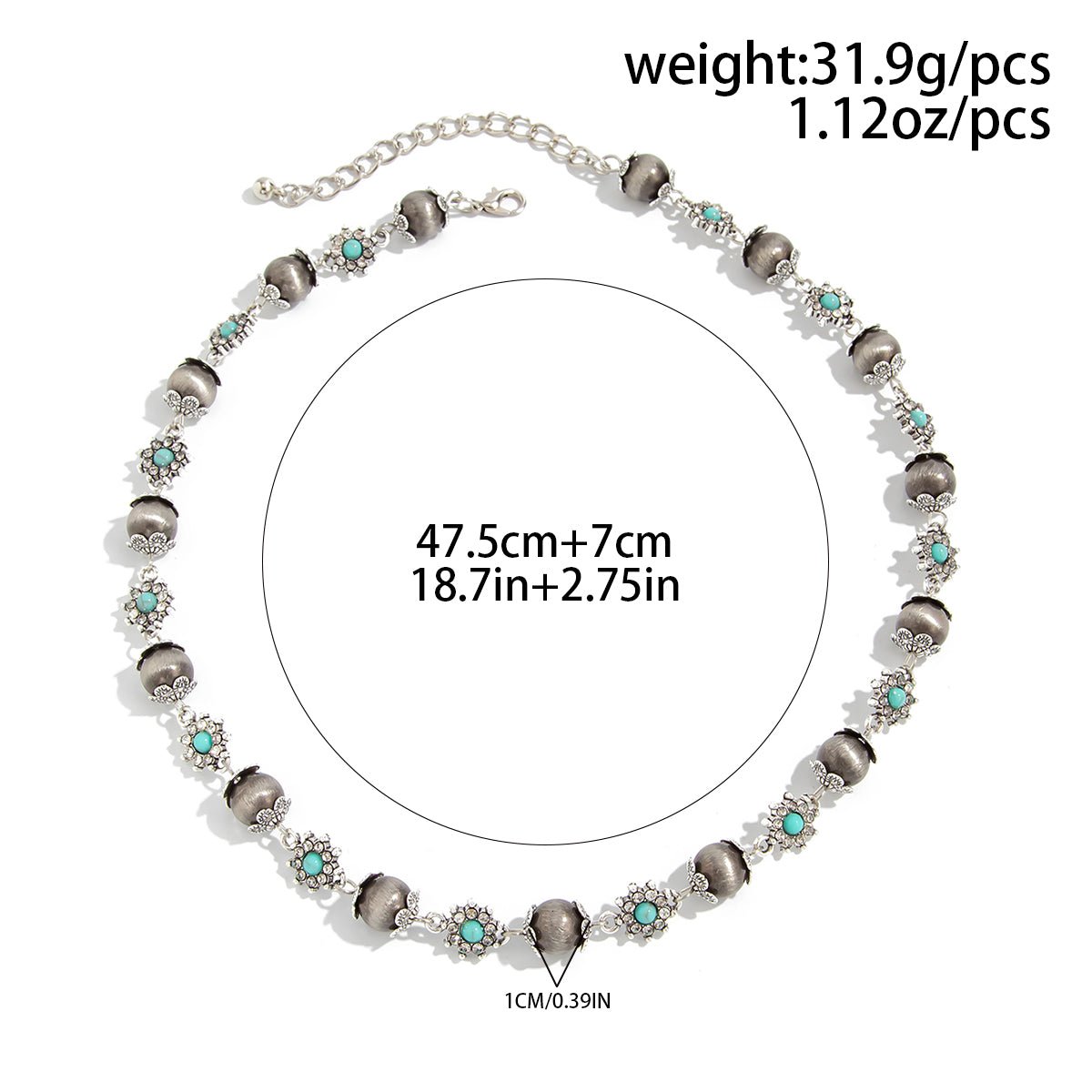 Boho Rhinestone Turquoise Flower Antique Silver Beaded Chain Necklace - ArtGalleryZen