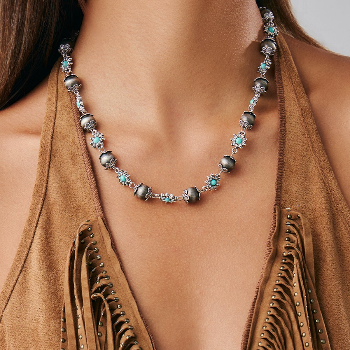 Boho Rhinestone Turquoise Flower Antique Silver Beaded Chain Necklace - ArtGalleryZen