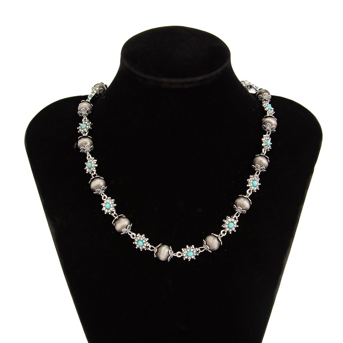 Boho Rhinestone Turquoise Flower Antique Silver Beaded Chain Necklace - ArtGalleryZen
