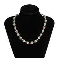Thumbnail for Boho Rhinestone Turquoise Flower Antique Silver Beaded Chain Necklace - ArtGalleryZen