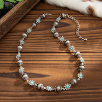 Thumbnail for Boho Rhinestone Turquoise Flower Antique Silver Beaded Chain Necklace - ArtGalleryZen