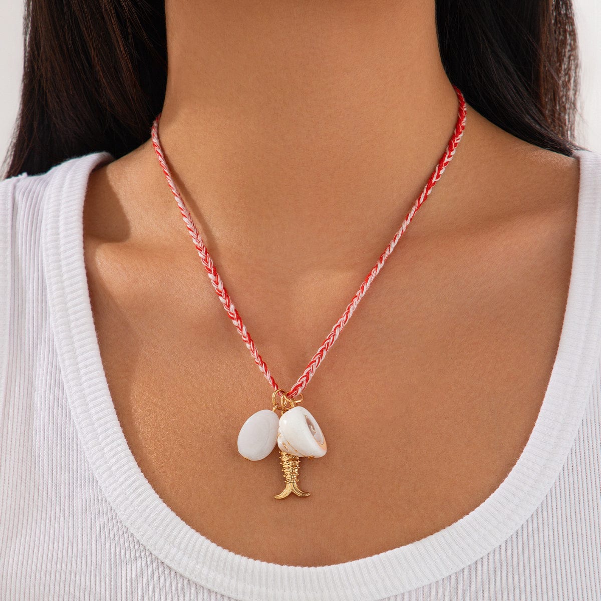 Boho Shell Metal Fish Pendant Wax Cord String Necklace