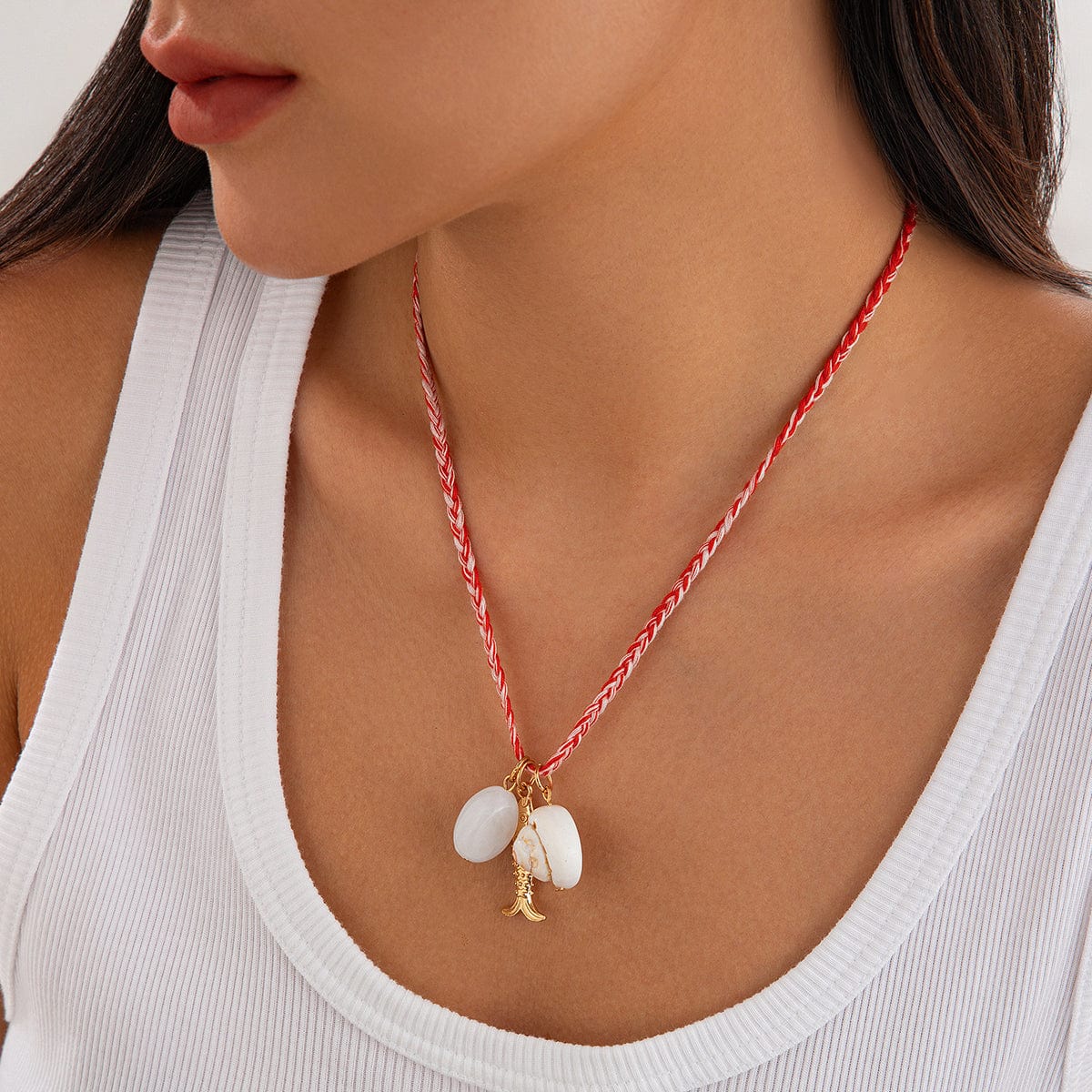 Boho Shell Metal Fish Pendant Wax Cord String Necklace