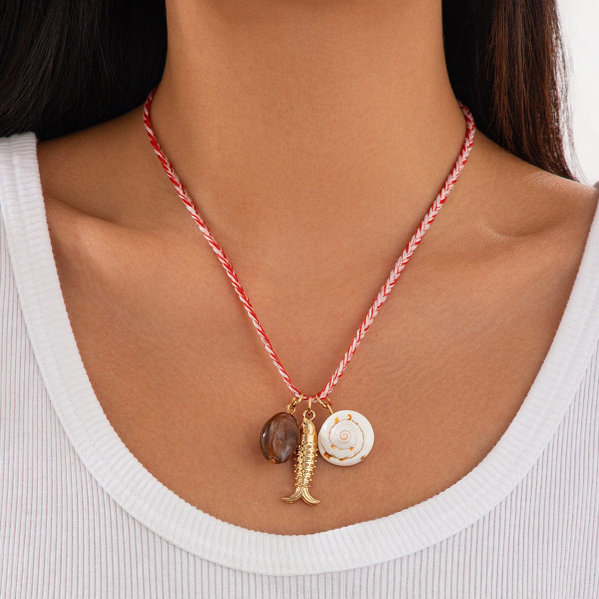 Boho Shell Metal Fish Pendant Wax Cord String Necklace