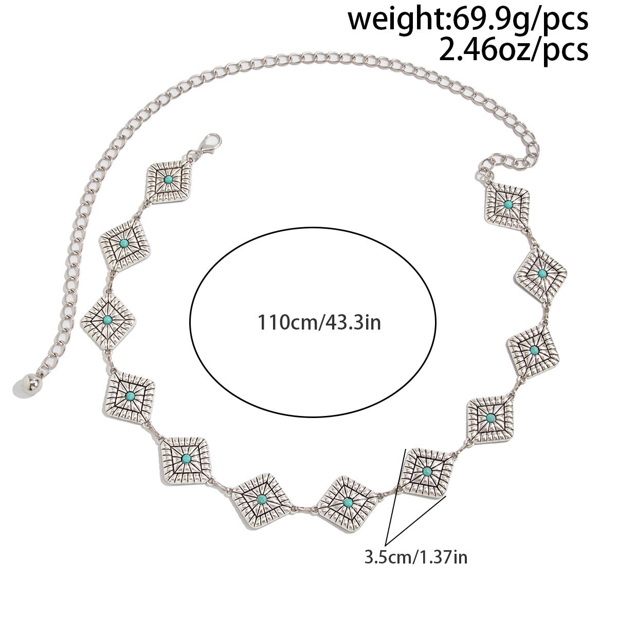 Boho Silver Plated Turquoise Inlaid Square Waist Chain - ArtGalleryZen