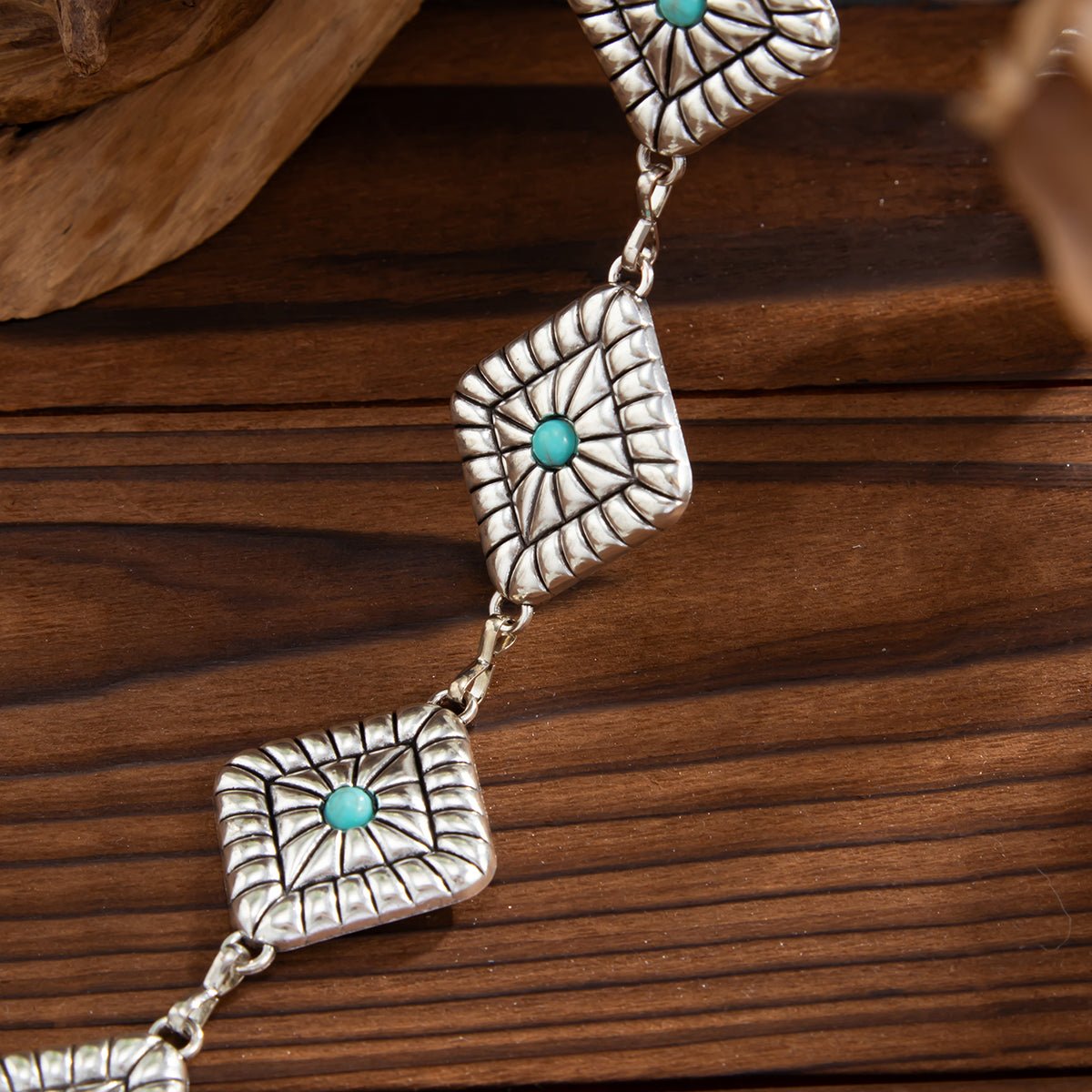 Boho Silver Plated Turquoise Inlaid Square Waist Chain - ArtGalleryZen