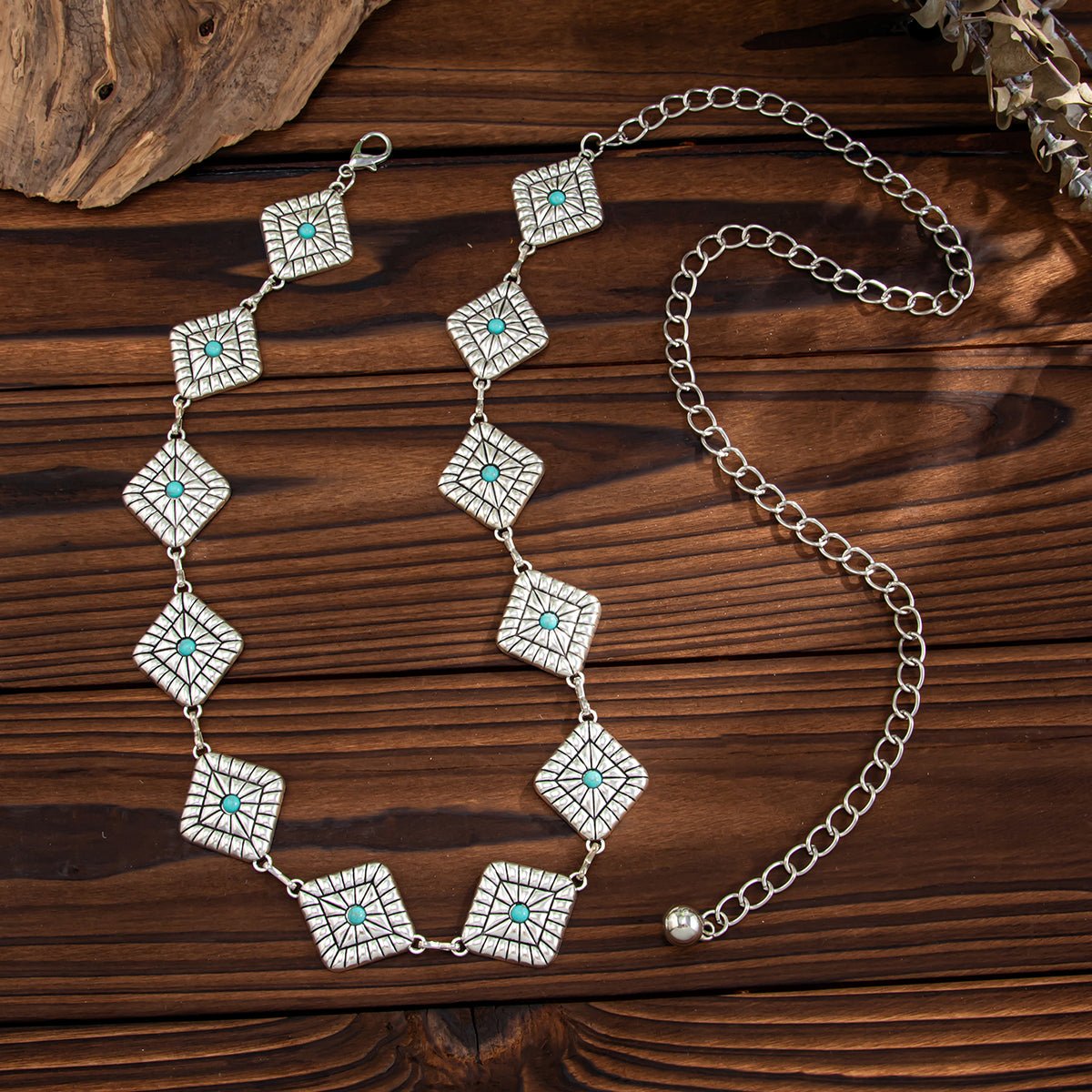 Boho Silver Plated Turquoise Inlaid Square Waist Chain - ArtGalleryZen