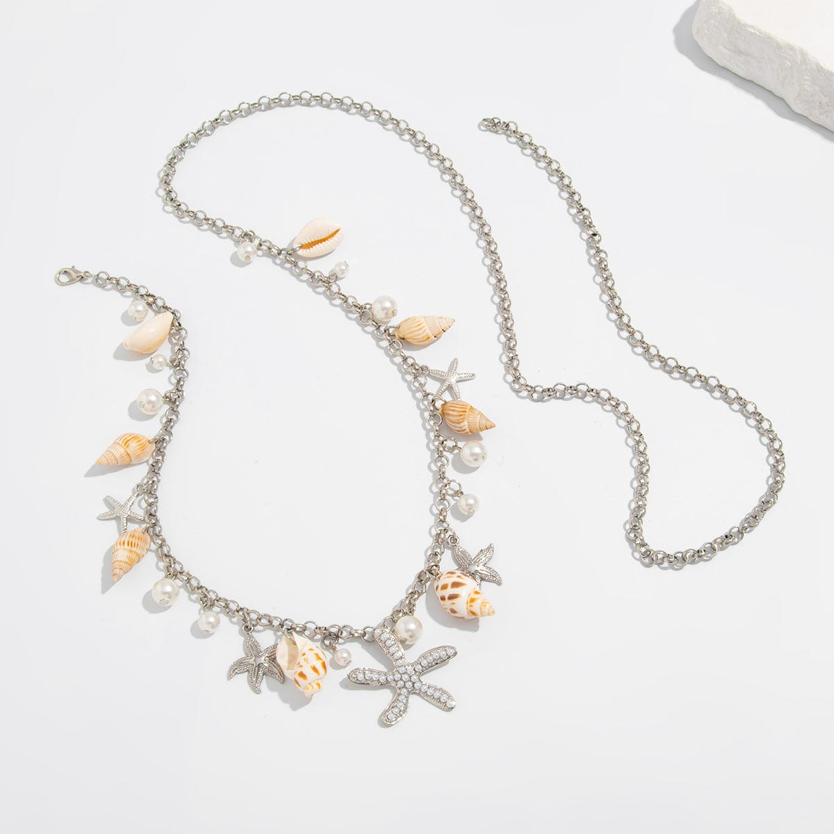 Boho Silver Tone Pearl Conch Starfish Tassel Waist Chain - ArtGalleryZen