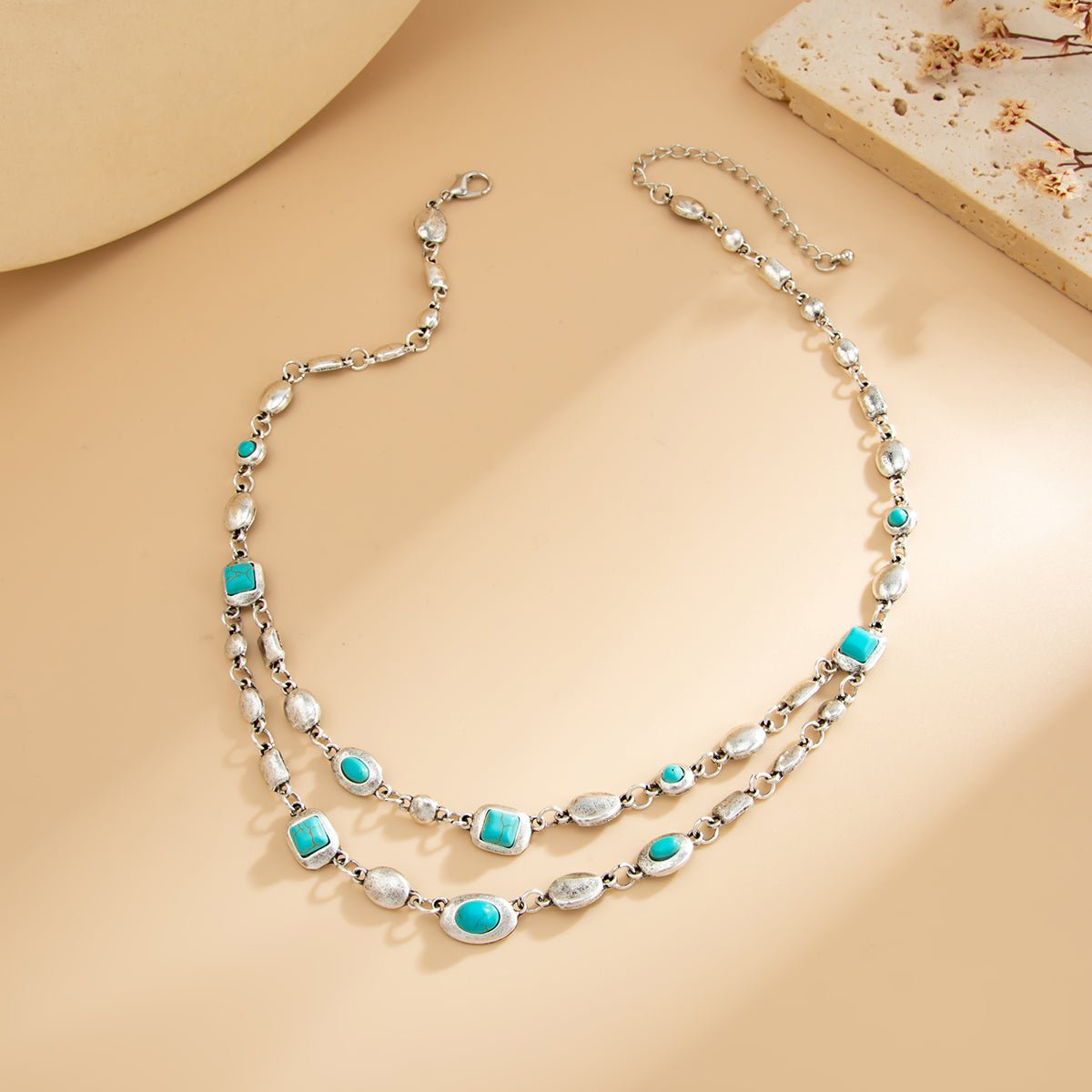 Boho Silver Tone Turquoise Inlaid Necklace Bracelet - ArtGalleryZen