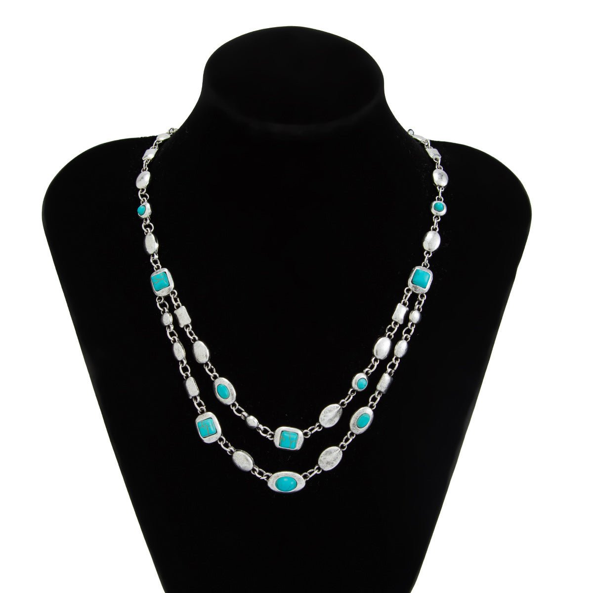 Boho Silver Tone Turquoise Inlaid Necklace Bracelet - ArtGalleryZen