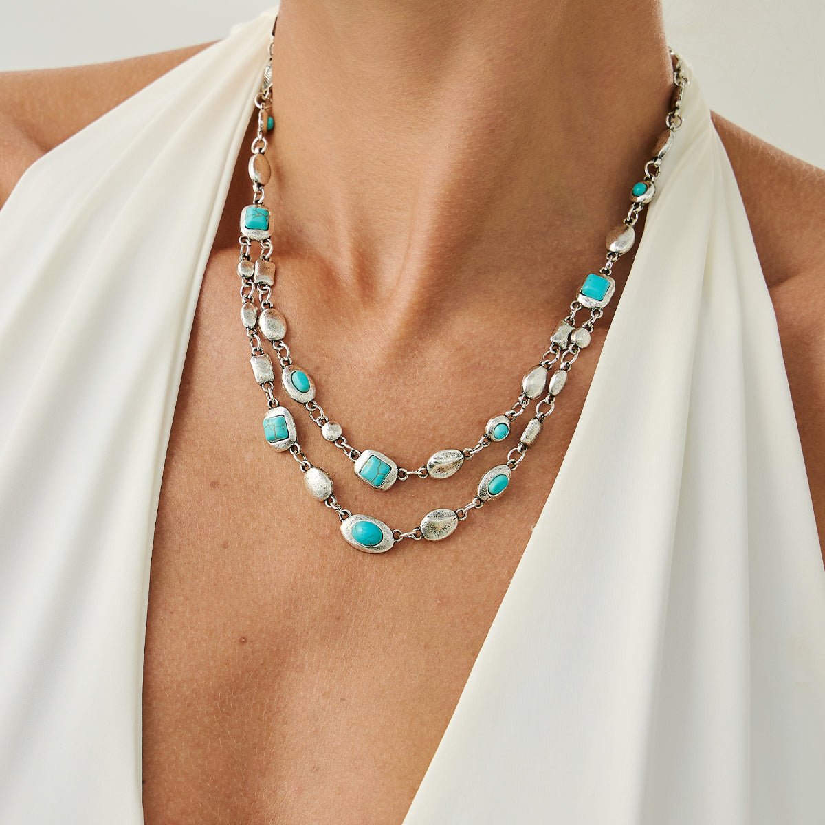 Boho Silver Tone Turquoise Inlaid Necklace Bracelet - ArtGalleryZen