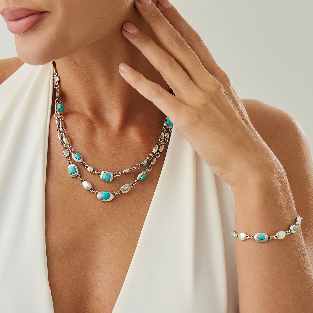 Boho Silver Tone Turquoise Inlaid Necklace Bracelet - ArtGalleryZen