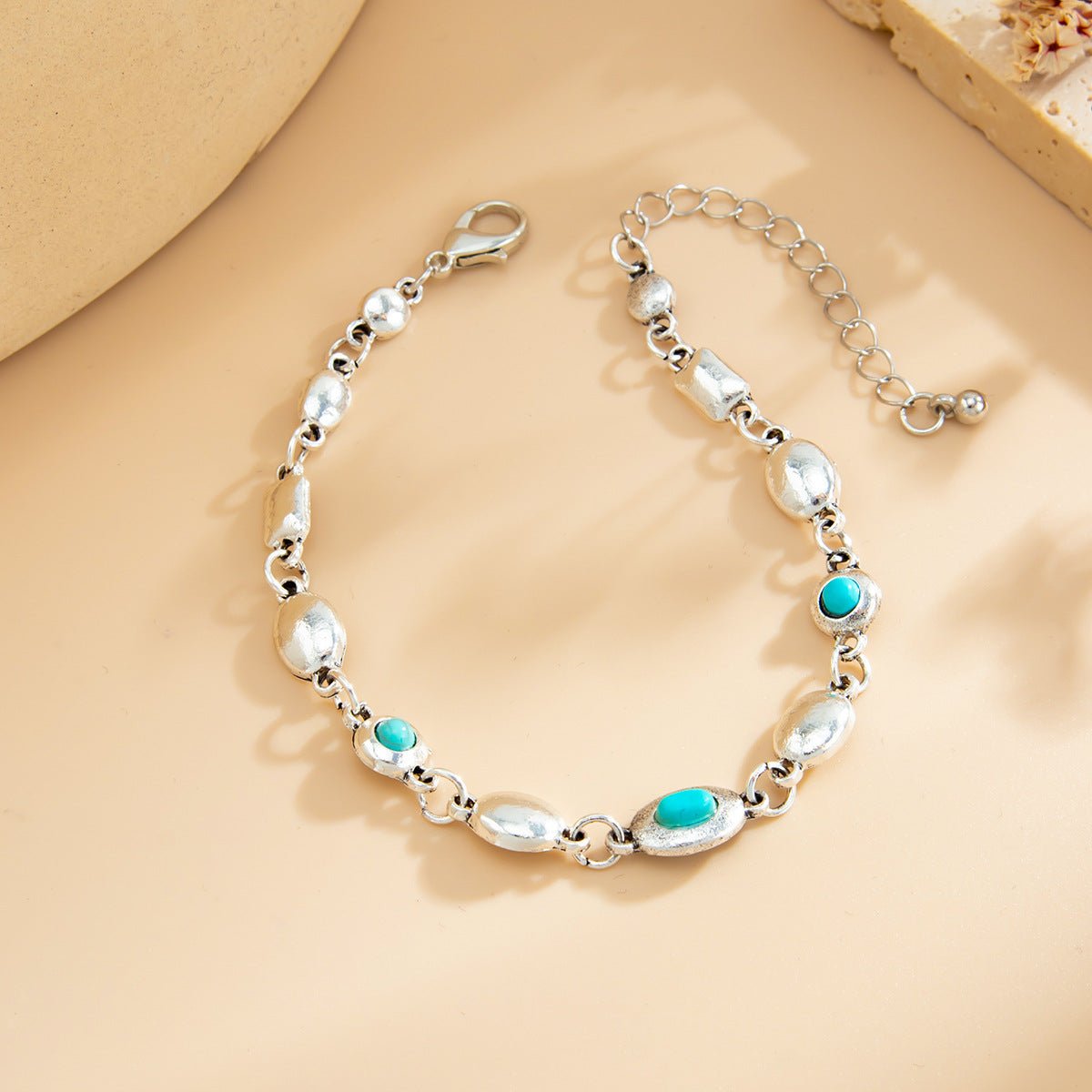 Boho Silver Tone Turquoise Inlaid Necklace Bracelet - ArtGalleryZen
