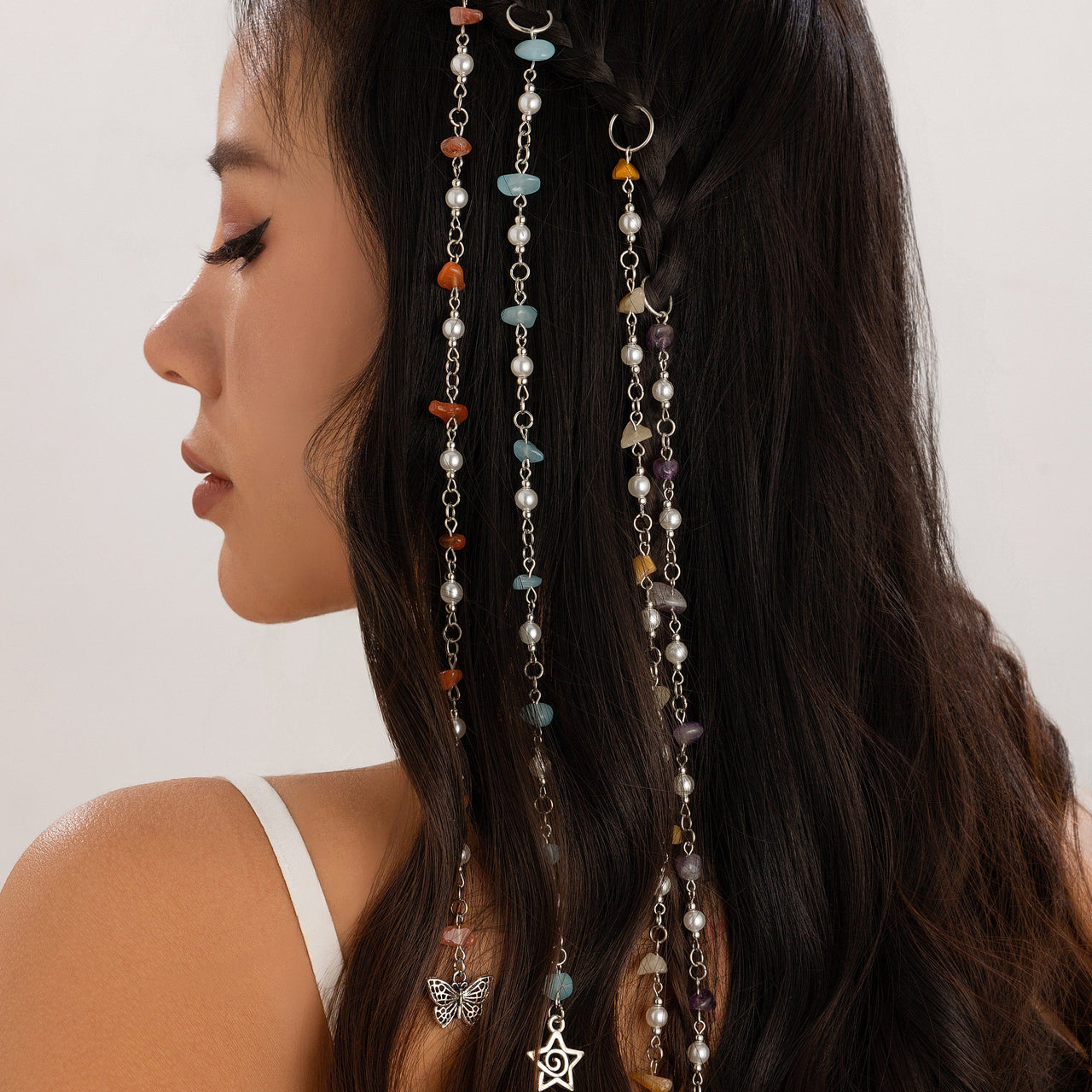 Boho Star Moon Butterfly Charm Turquoise Stone Pearl Chain Hair Braids Ring