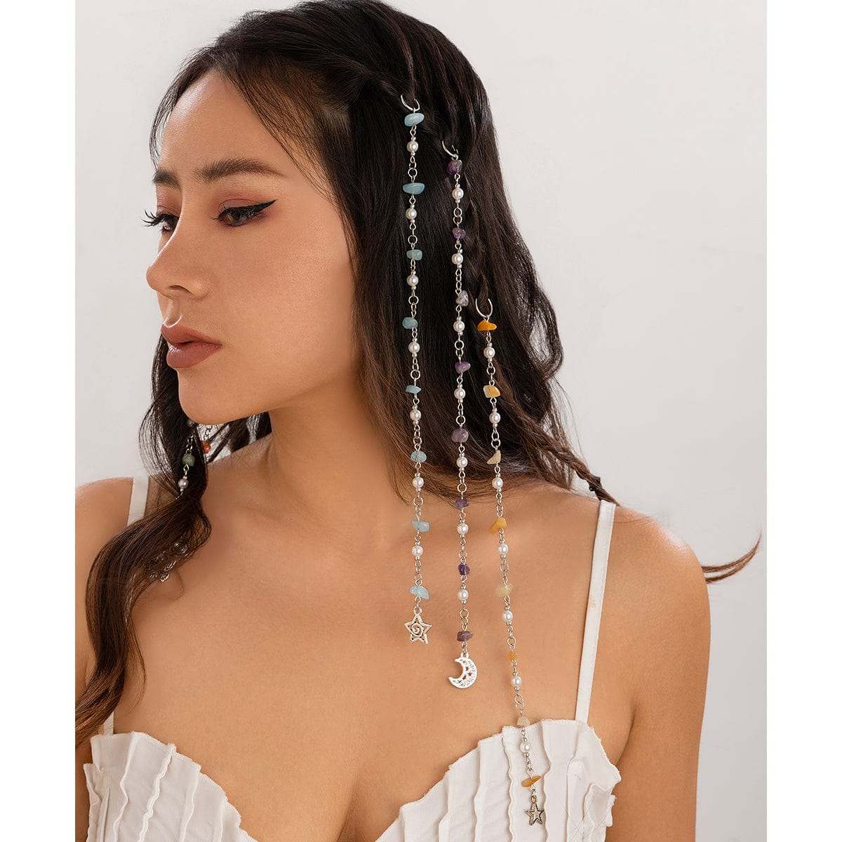 Boho Star Moon Butterfly Charm Turquoise Stone Pearl Chain Hair Braids Ring