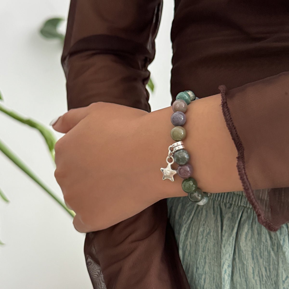 Boho Star Pendant Chalcedony Beaded Bracelet - ArtGalleryZen