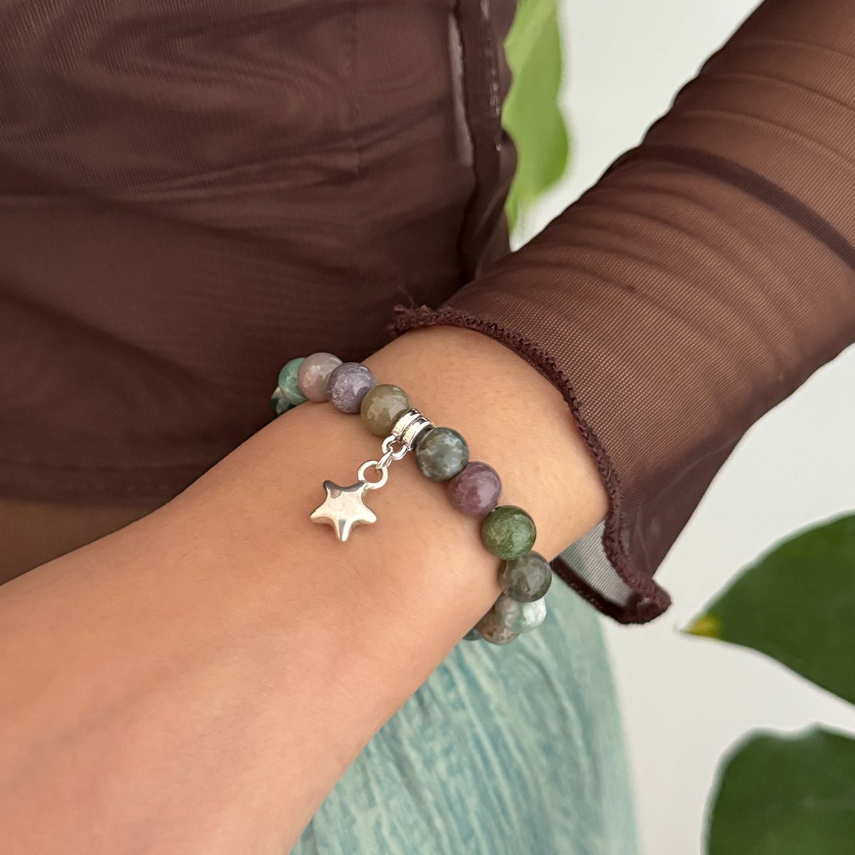 Boho Star Pendant Chalcedony Beaded Bracelet - ArtGalleryZen
