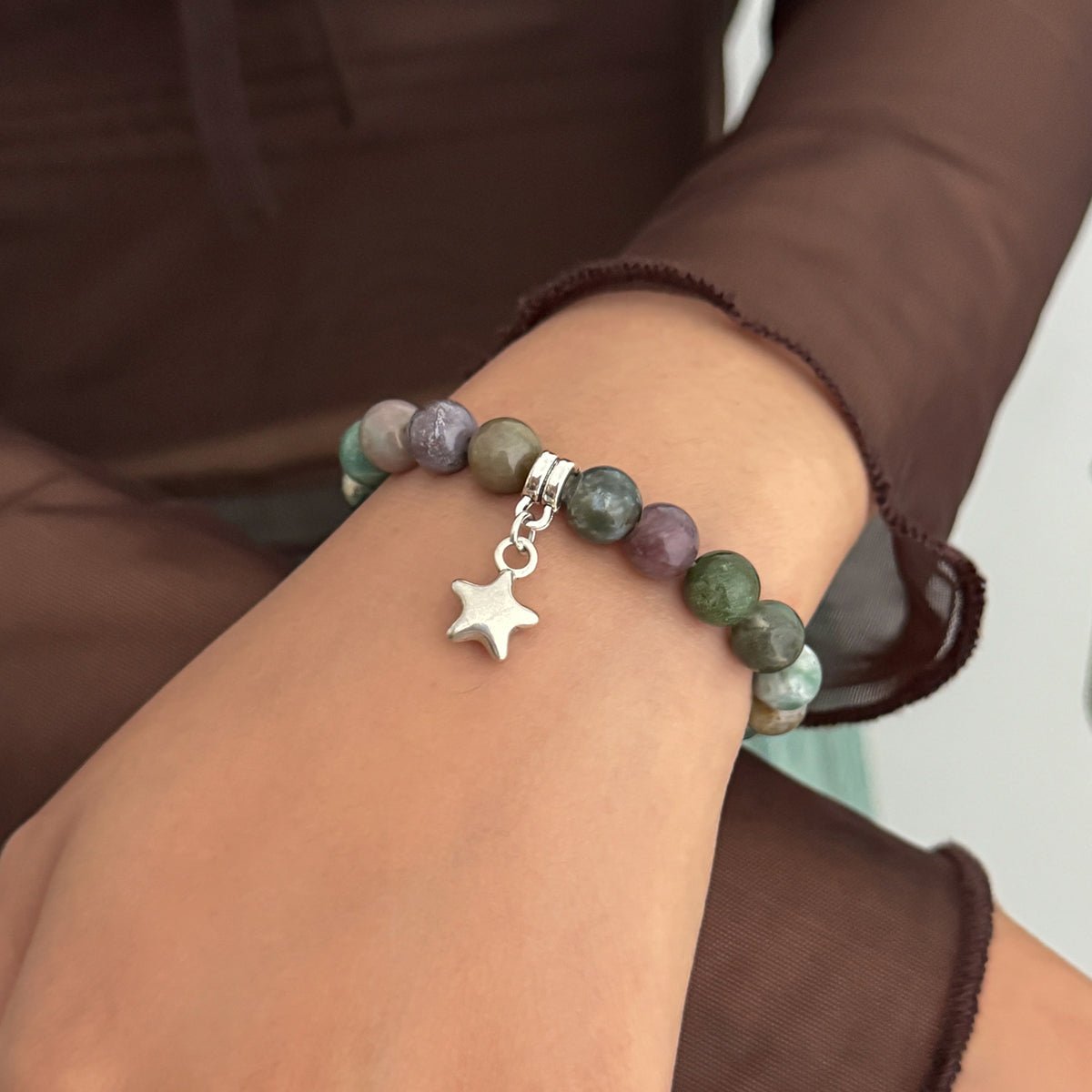 Boho Star Pendant Chalcedony Beaded Bracelet - ArtGalleryZen