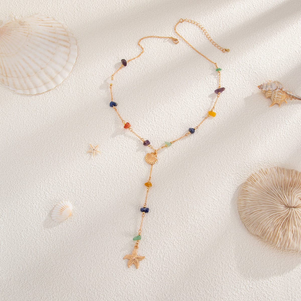 Boho Starfish Shell Pendant Turquoise Stone Chain Y Necklace - ArtGalleryZen