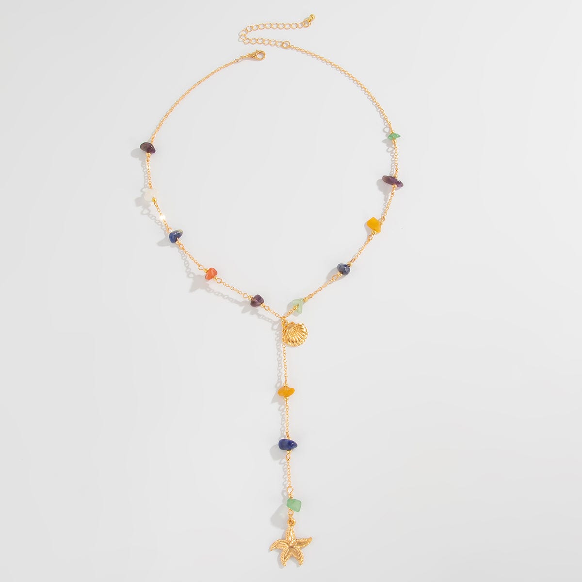 Boho Starfish Shell Pendant Turquoise Stone Chain Y Necklace - ArtGalleryZen