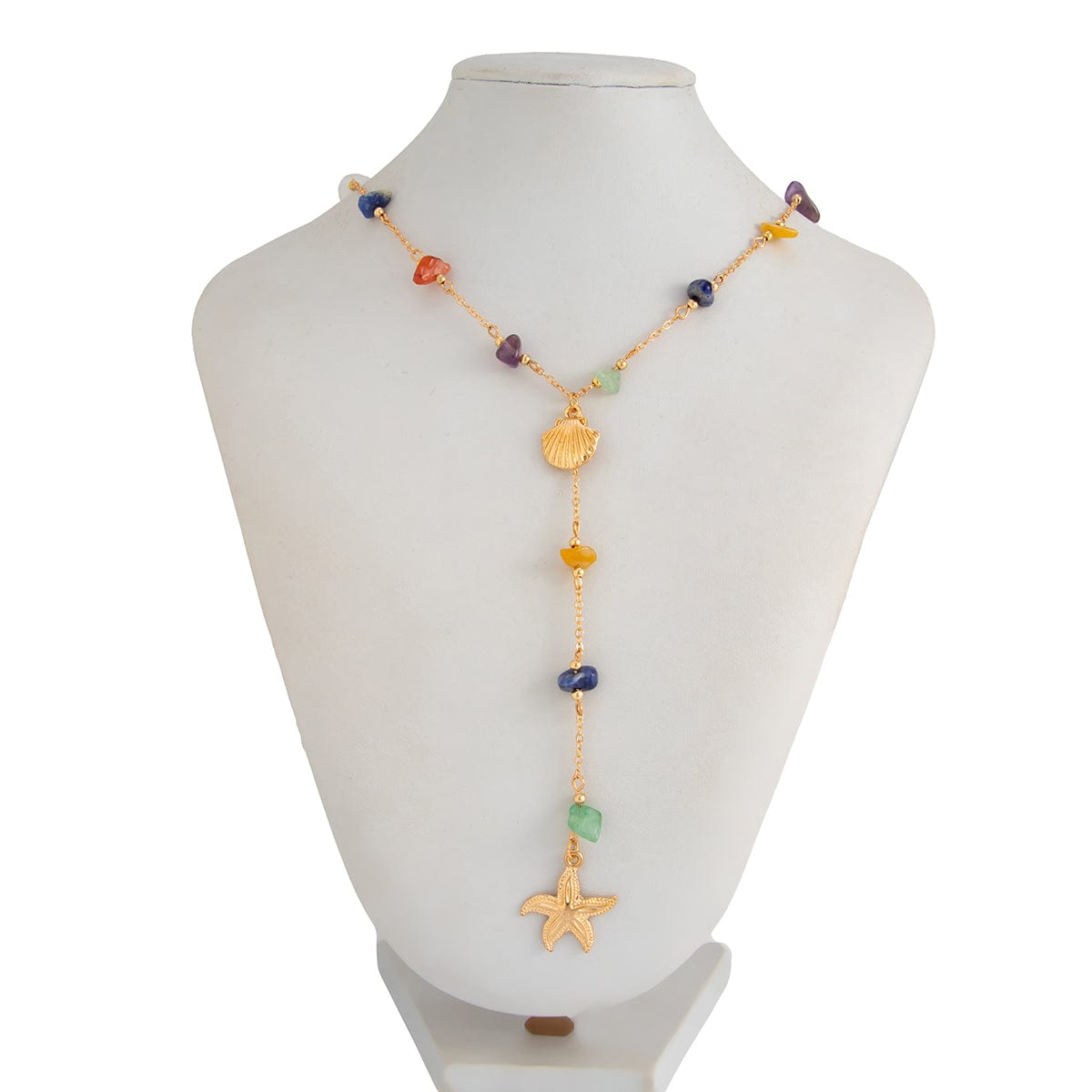 Boho Starfish Shell Pendant Turquoise Stone Chain Y Necklace - ArtGalleryZen