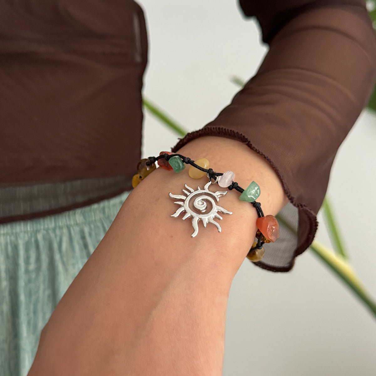 Boho Sun Charm Turquoise Stone Wax Cord Bracelet - ArtGalleryZen