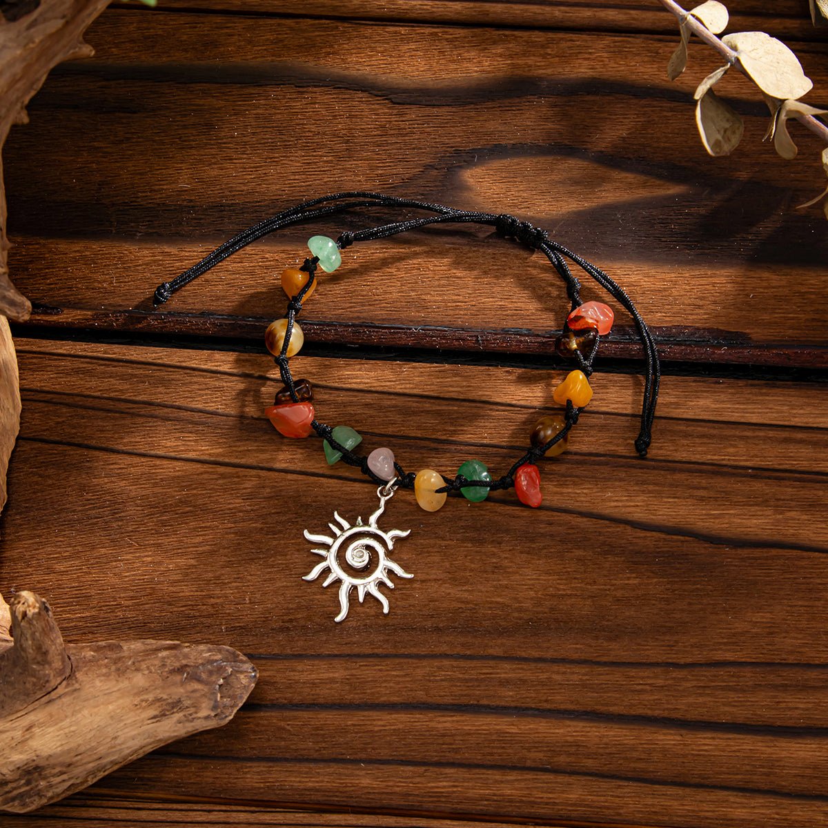 Boho Sun Charm Turquoise Stone Wax Cord Bracelet - ArtGalleryZen