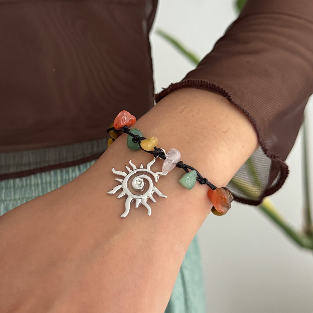 Boho Sun Charm Turquoise Stone Wax Cord Bracelet - ArtGalleryZen