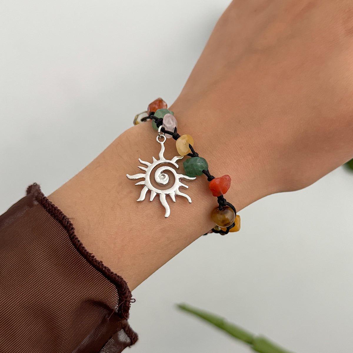 Boho Sun Charm Turquoise Stone Wax Cord Bracelet - ArtGalleryZen