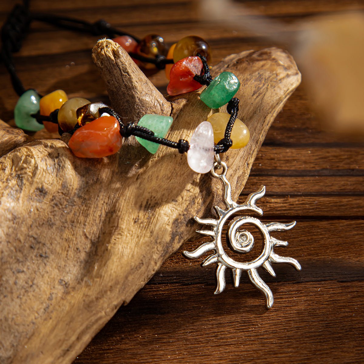 Boho Sun Charm Turquoise Stone Wax Cord Bracelet - ArtGalleryZen